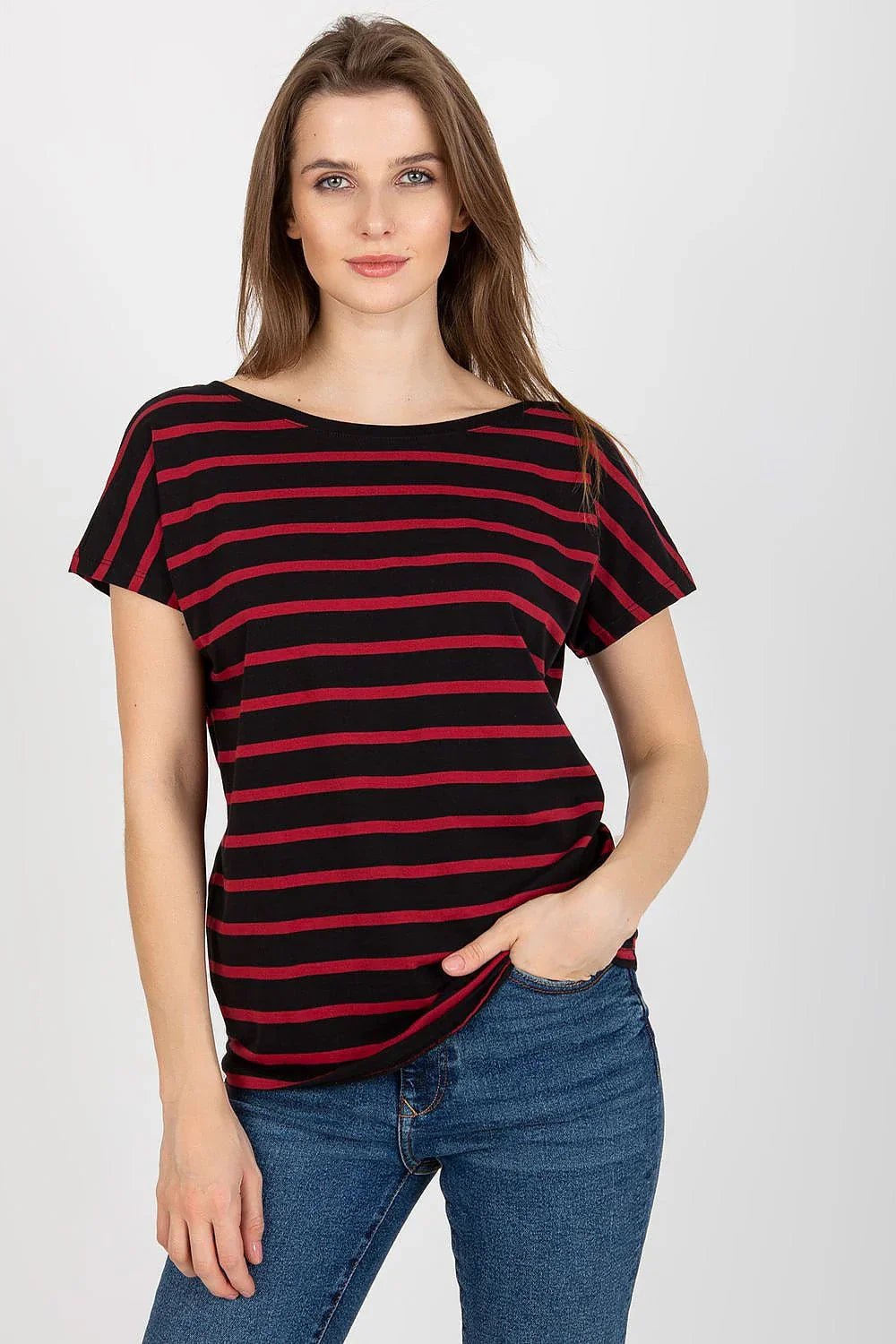 Women Boat-Neck Short-Sleeves T-Shirt – Stretchable - Black -Guocali