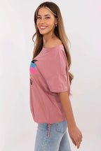 Women Boat-Neck Short-Sleeves T-Shirt – Stretchable - Pink -Guocali