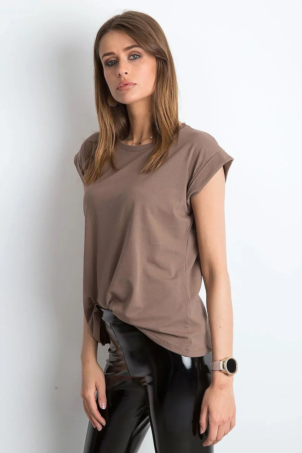 Women Crew-Neck Short-Sleeves T-Shirt – Stretchable - Brown -Guocali
