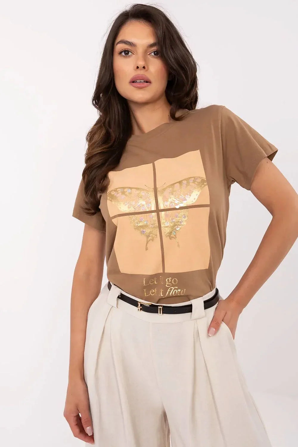 Women Crew-Neck Short-Sleeves T-Shirt – Stretchable, Gold, Beige, Multicolor