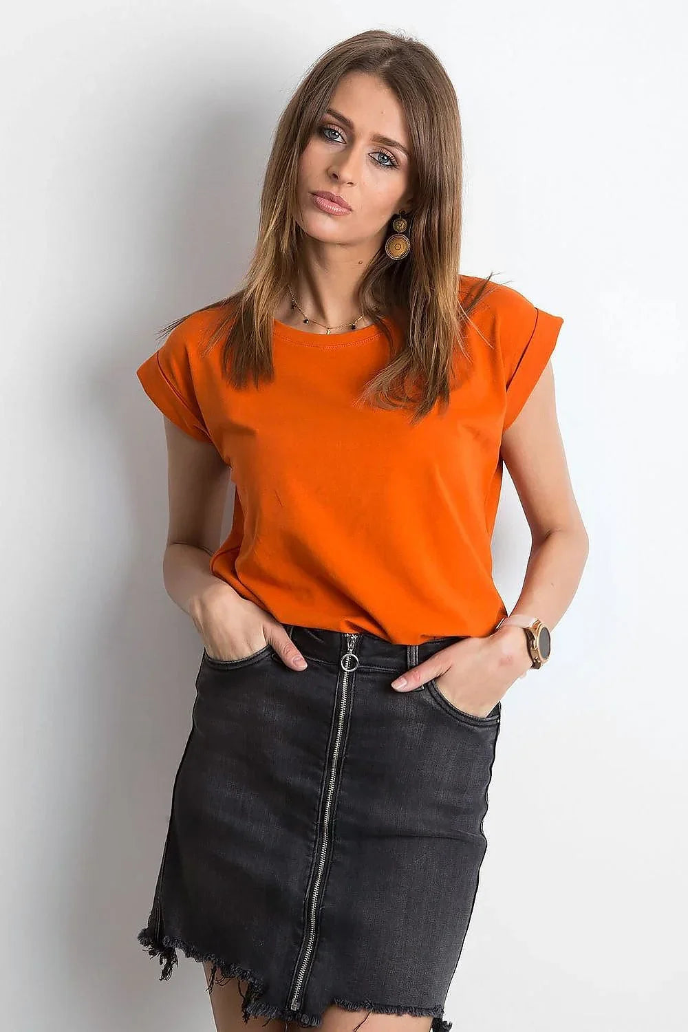 Women Crew-Neck Short-Sleeves T-Shirt – Stretchable - Orange -Guocali