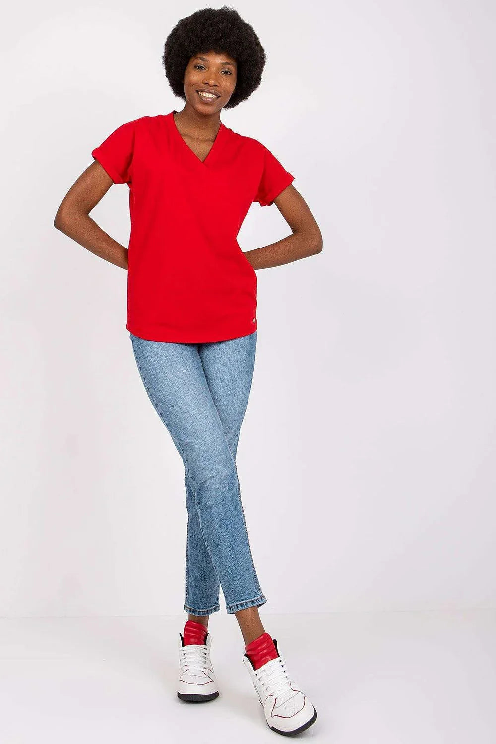 Women Crew-Neck Short-Sleeves T-Shirt – Stretchable - Red -Guocali