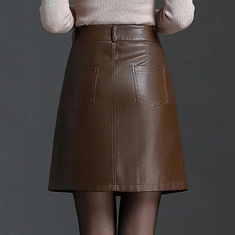 Women Mini Skirt Leather A-Line Pockets - High Waist Women Skirt