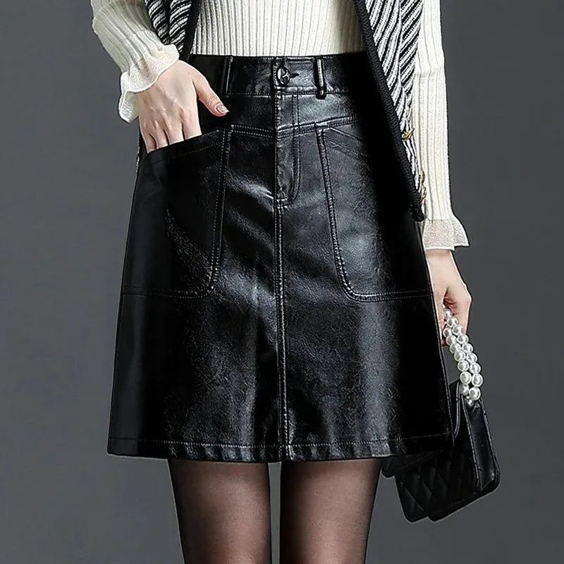 Women Mini Skirt Leather A-Line Pockets - High Waist Women Skirt