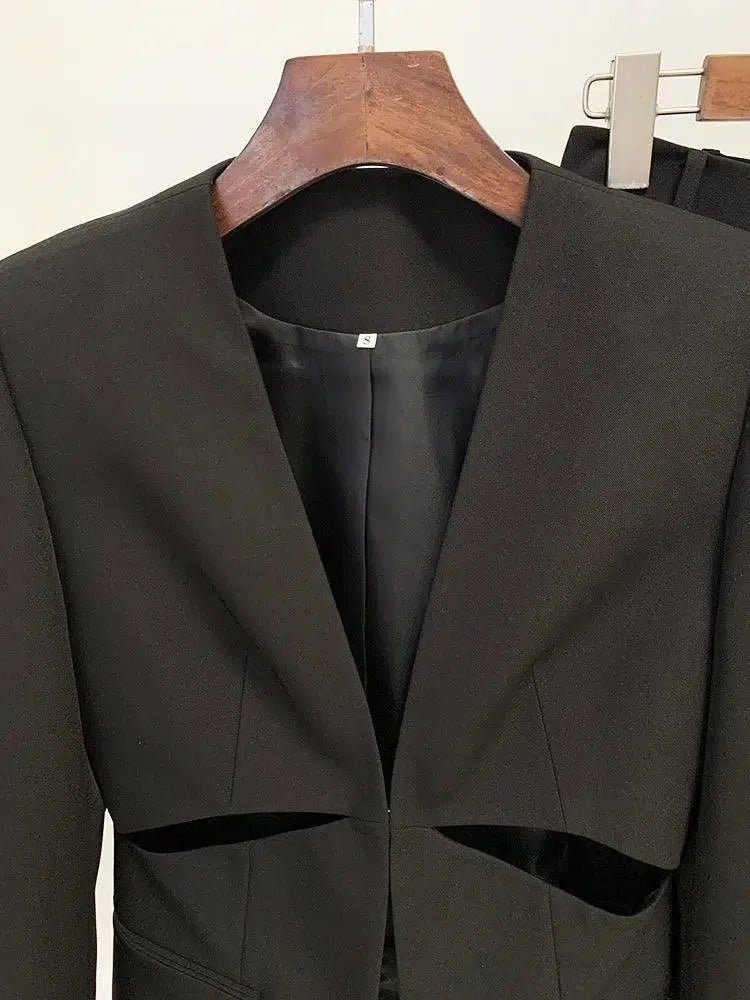 Women Pant Suit - Collarless Blazer - Slit Trouser Suit -Guocali