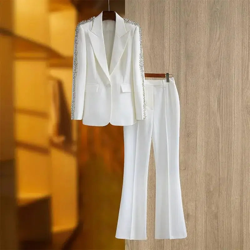 Women Pant Suit - Diamonds Beaded Blazer, Flare Trousers -Guocali