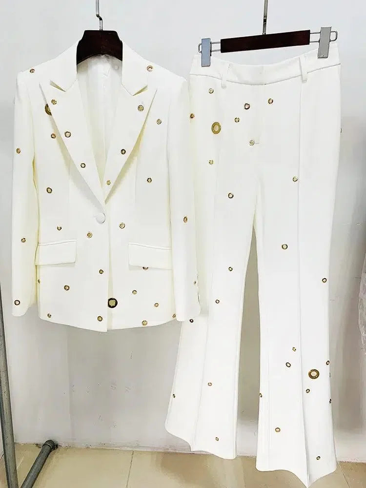 Women Pant Suit - Grommet Lapel Blazer Trouser Suit -Guocali