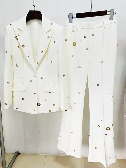 Women Pant Suit - Grommet Lapel Blazer Trouser Suit -Guocali