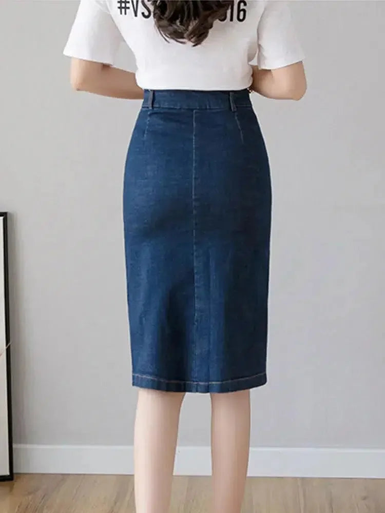 Women Pencil Skirt Denim Knee-Length Pockets - High Waist Women Skirt