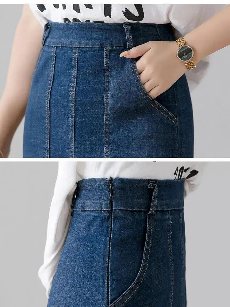 Women Pencil Skirt Denim Knee-Length Pockets - High Waist Women Skirt