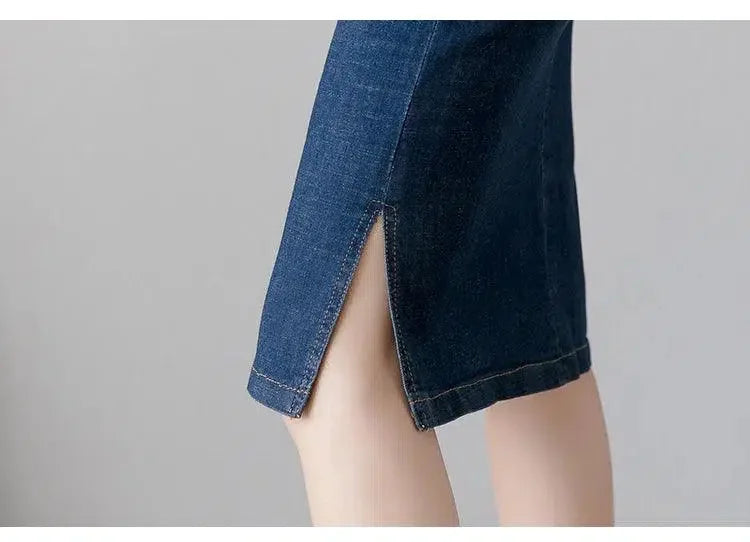 Women Pencil Skirt Denim Knee-Length Pockets - High Waist Women Skirt
