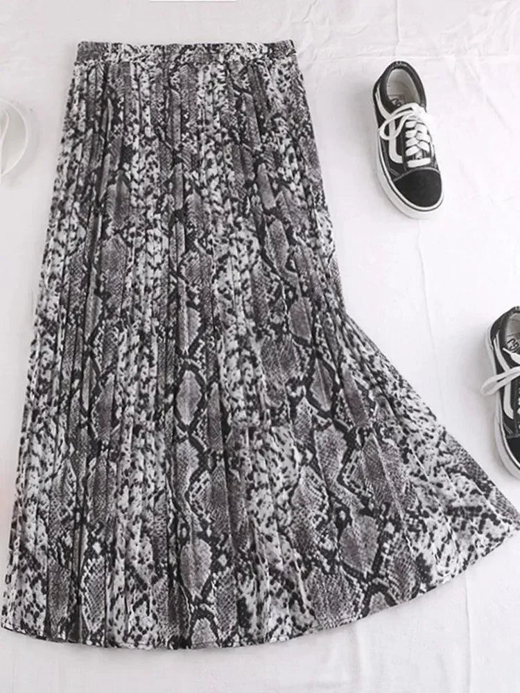 Women Pleated Skirt Animal Print - High Waist Midi Women Skirt