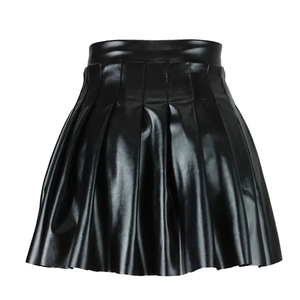 Women Pleated Skirt Leather Flared Mini - High Waist Women Skirt