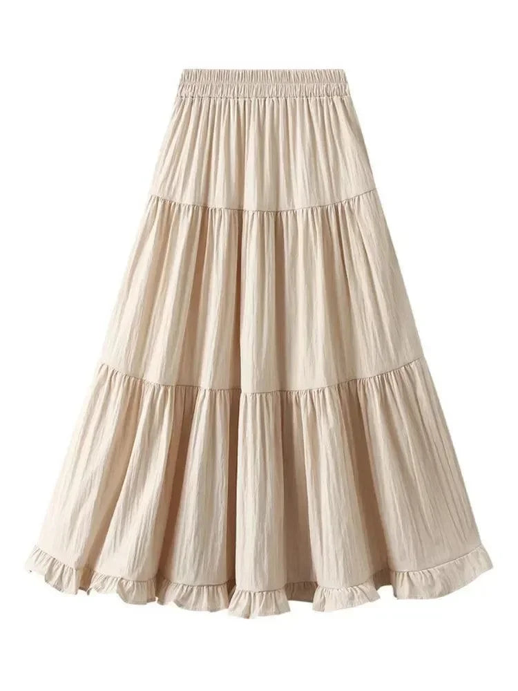 Women Pleated Skirt Patchwork Ruffled - A-Line Midi Women Skirt