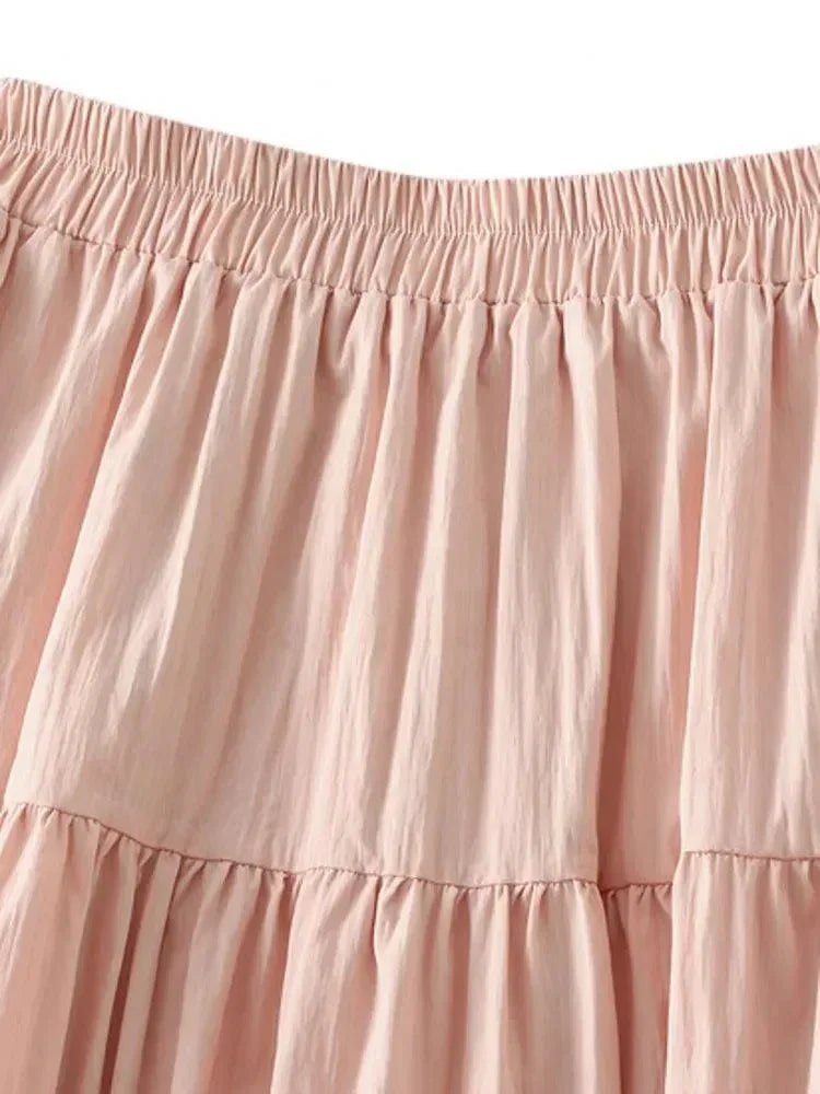 Women Pleated Skirt Patchwork Ruffled - A-Line Midi Women Skirt