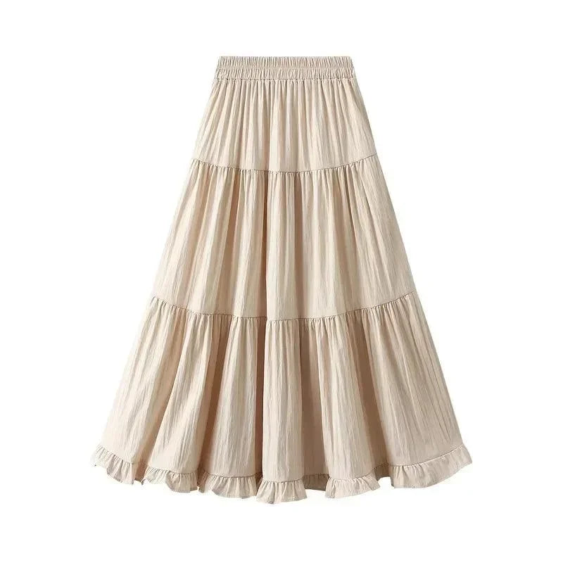 Women Pleated Skirt Patchwork Ruffled - A-Line Midi Women Skirt
