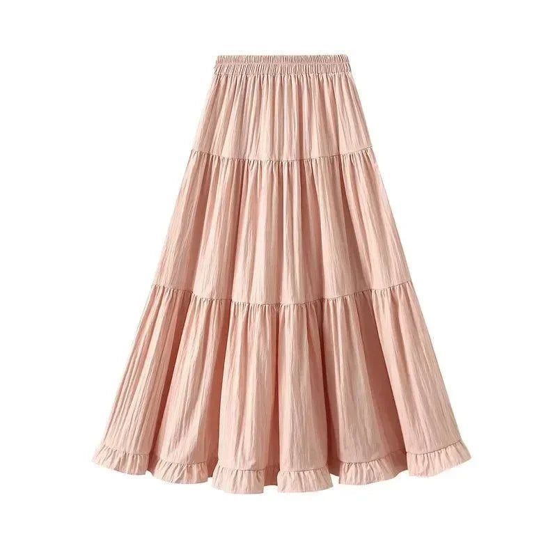 Women Pleated Skirt Patchwork Ruffled - A-Line Midi Women Skirt