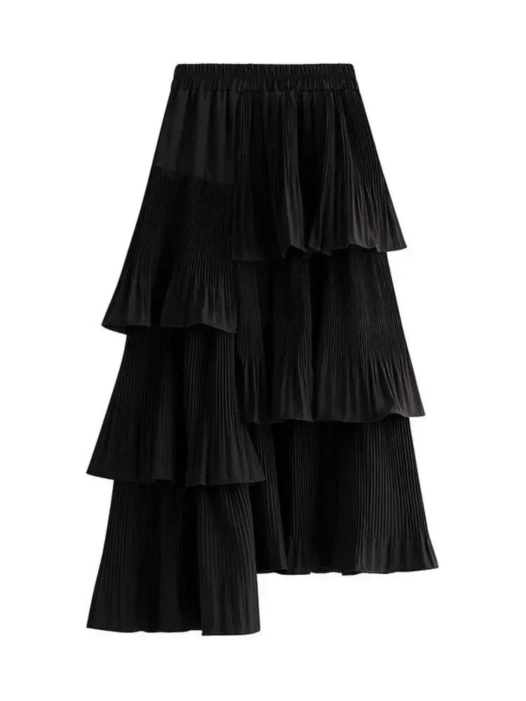 Women Pleated Skirt Ruffled Asymmetric - High Waist Midi Women Skirt