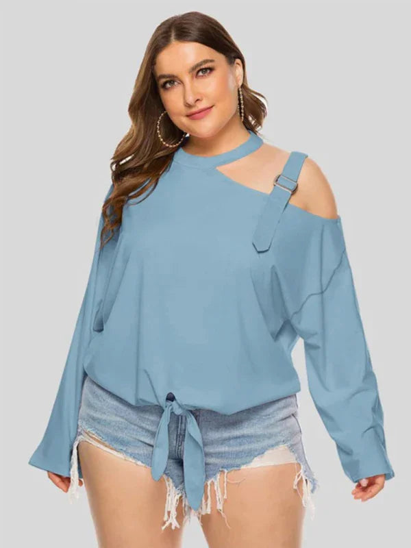 Women Round-Neck Long-Sleeves T-Shirt – Stretchable - Blue -Guocali