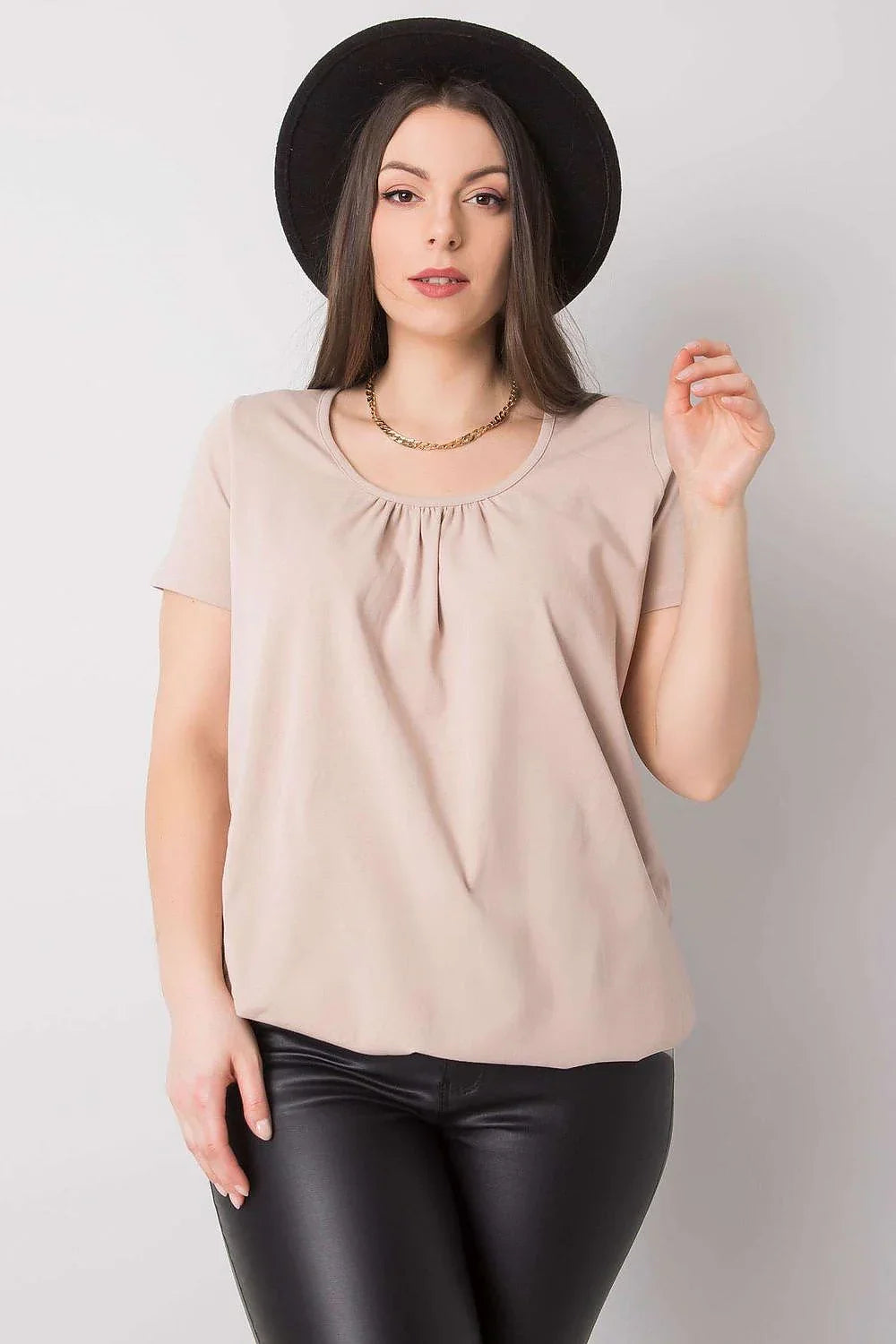 Women Round-Neck Short-Sleeves T-Shirt – Stretchable - Beige -Guocali