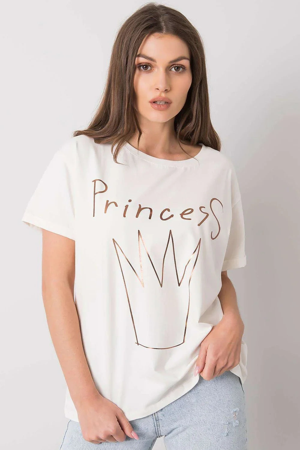Women Round-Neck Short-Sleeves T-Shirt – Stretchable - White, Gold -Guocali