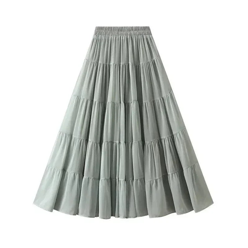 Women's High Waist Pleated Skirt - Elegant Midi Patchwork Mesh Skirt