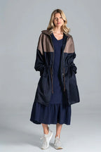 Women's Parka - Drawstring Waist Casual - Navy, Brown