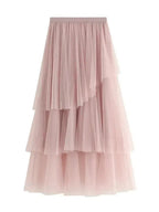 Women Tiered Skirt Asymmetric Mesh - High Waist Midi Women Skirt