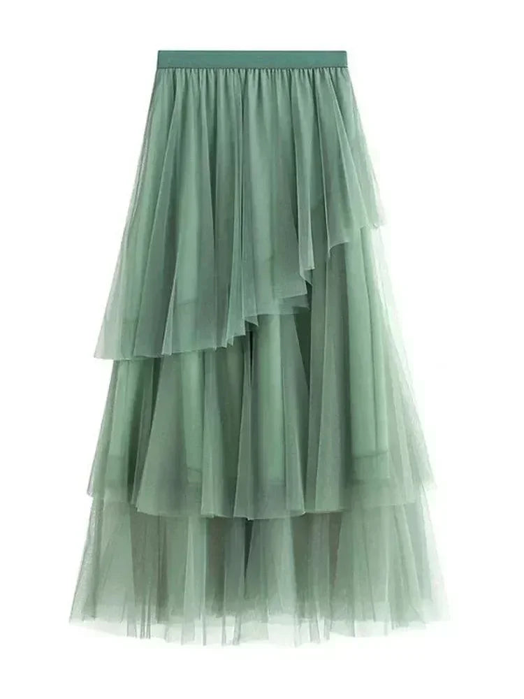 Women Tiered Skirt Asymmetric Mesh - High Waist Midi Women Skirt