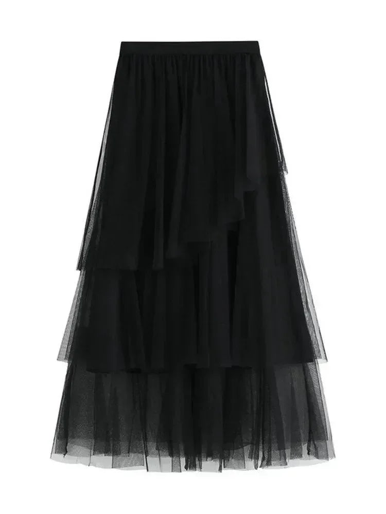 Women Tiered Skirt Asymmetric Mesh - High Waist Midi Women Skirt