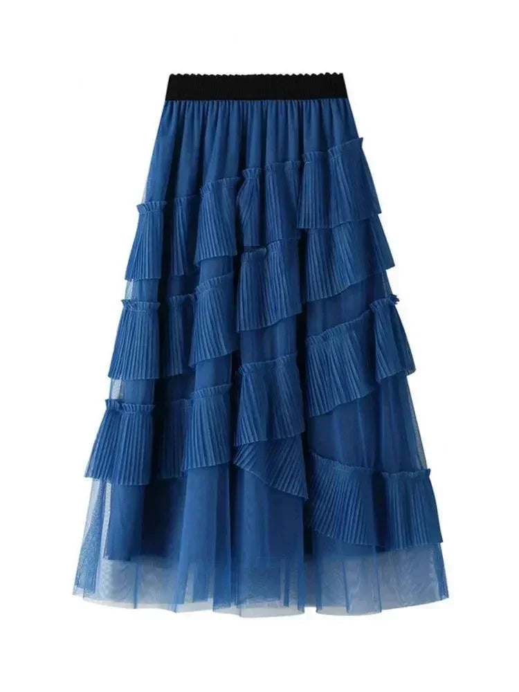 Women Tiered Skirt Vintage Mesh Ruffled - High Waist Midi Women Skirt