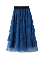 Women Tiered Skirt Vintage Mesh Ruffled - High Waist Midi Women Skirt