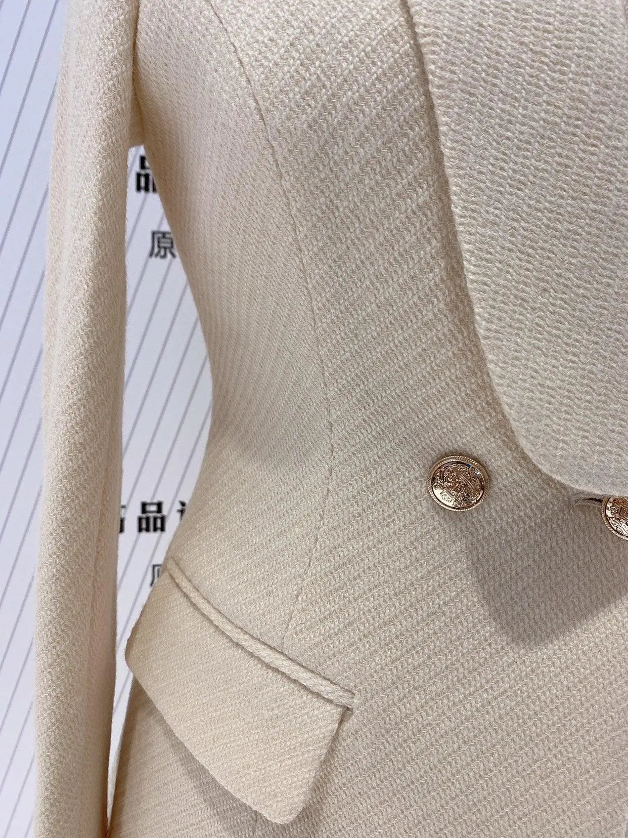 Women Two-Piece Pantsuit - Gold Buttons - Woolen Suit -Guocali