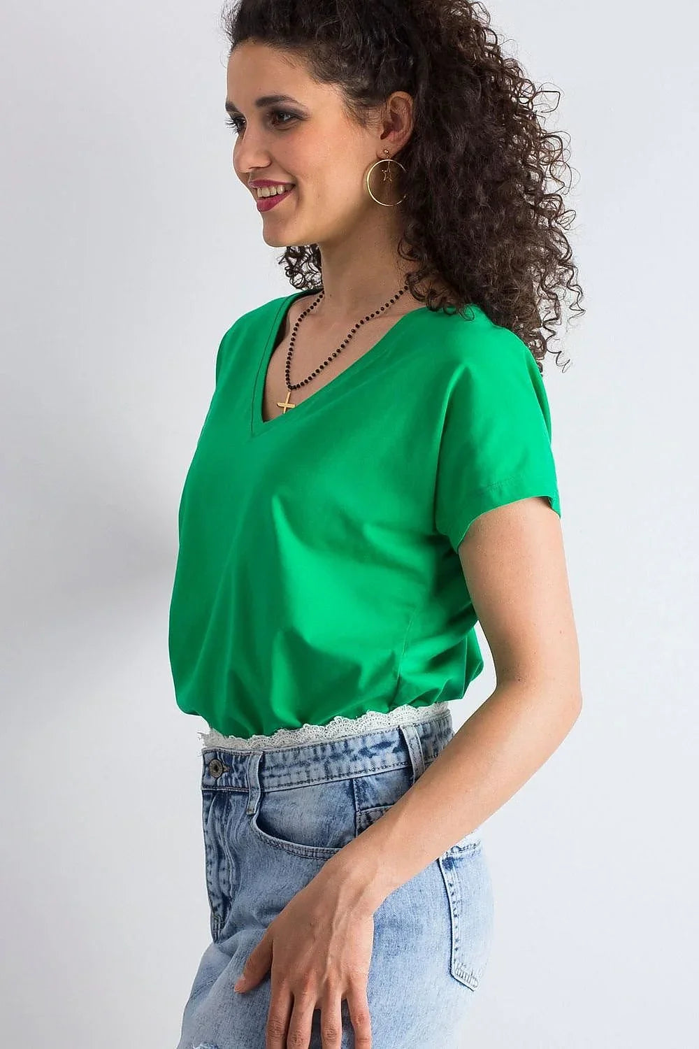 Women V-Neck Short-Sleeves T-Shirt – Stretchable - Green -Guocali