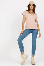 Women V-Neck Short-Sleeves T-Shirt – Stretchable - Beige -Guocali