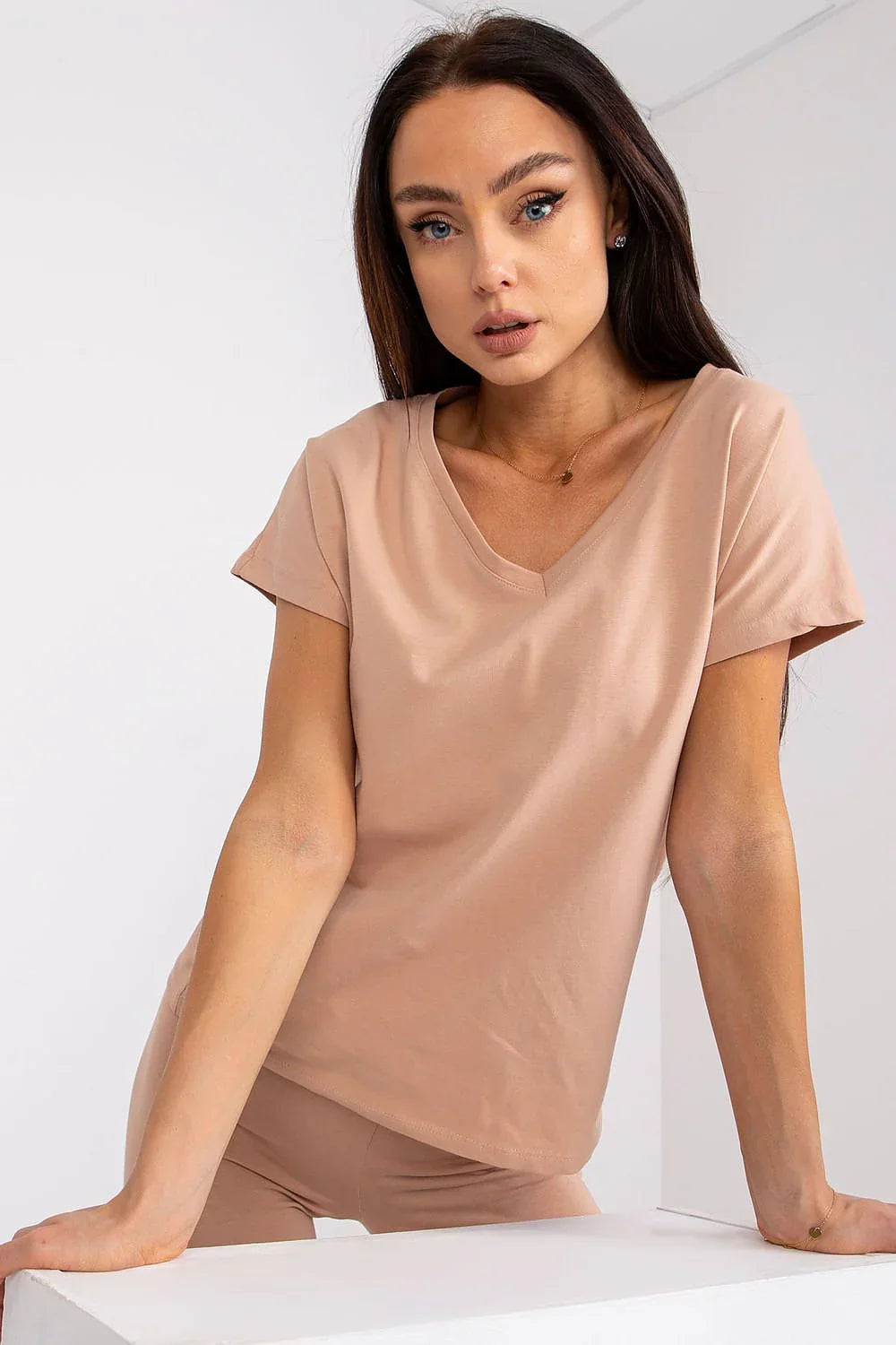 Women V-Neck Short-Sleeves T-Shirt – Stretchable - Beige -Guocali