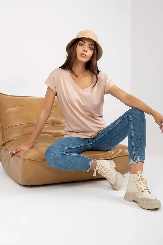 Women V-Neck Short-Sleeves T-Shirt – Stretchable - Beige -Guocali