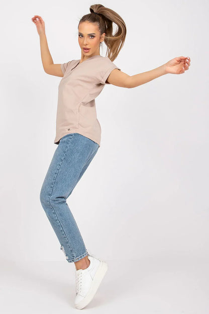 Women V-Neck Short-Sleeves T-Shirt – Stretchable - Beige -Guocali