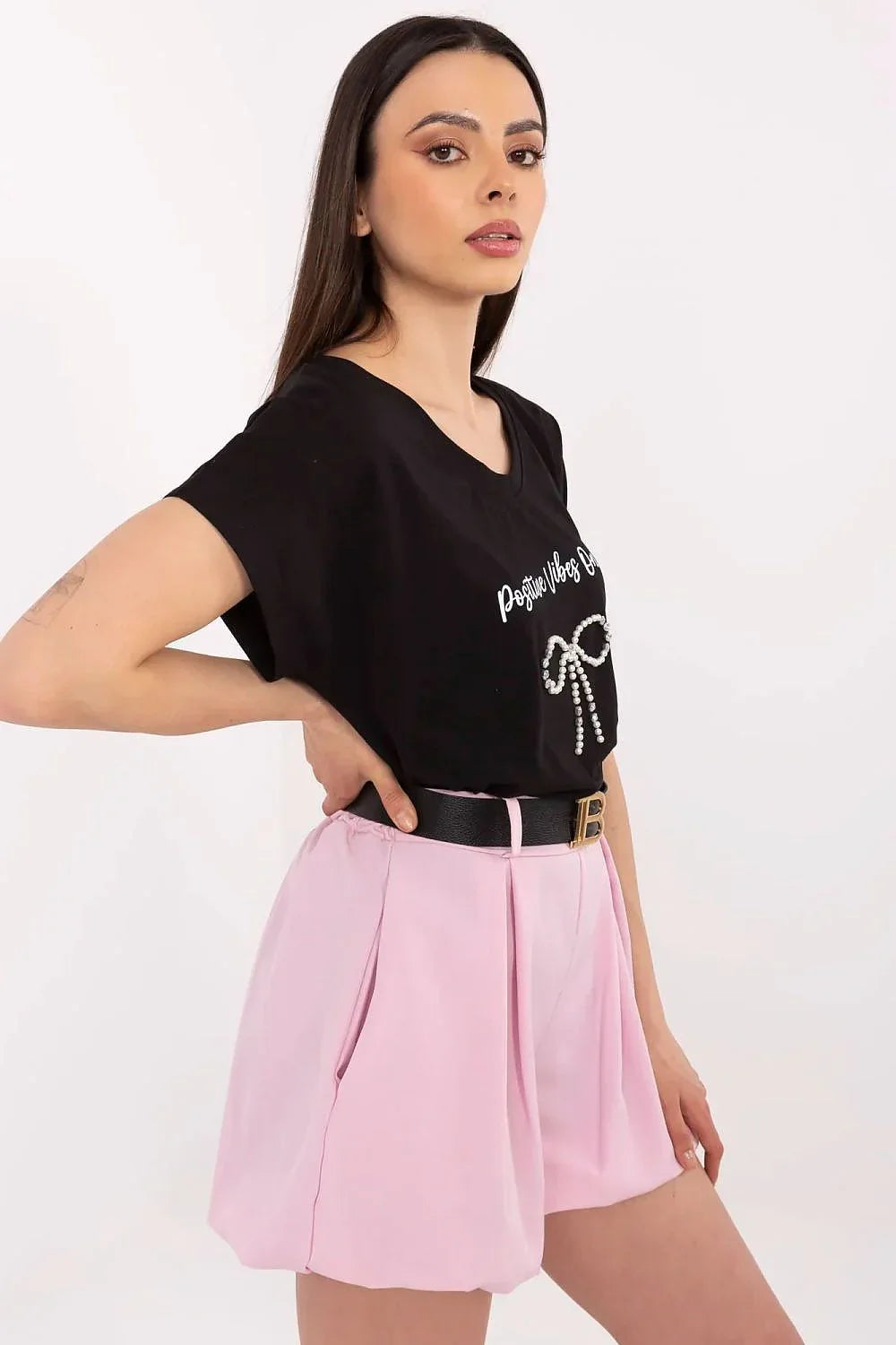 Women V-Neck Short-Sleeves T-Shirt – Stretchable - Black -Guocali