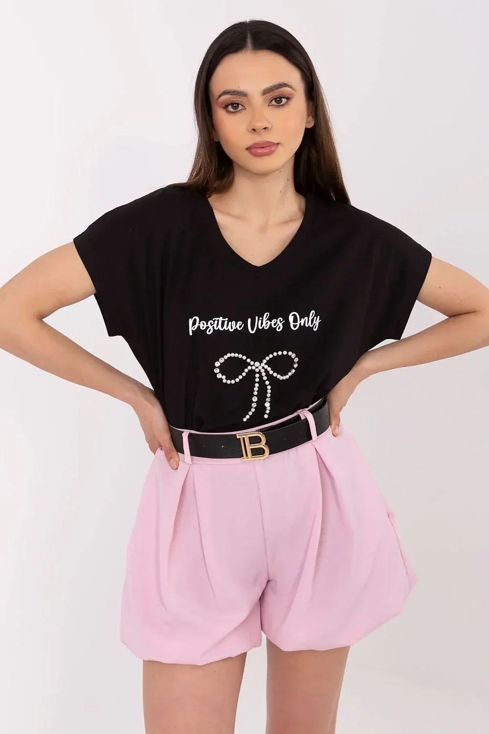 Women V-Neck Short-Sleeves T-Shirt – Stretchable - Black -Guocali
