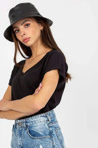 Women V-Neck Short-Sleeves T-Shirt – Stretchable - Black -Guocali