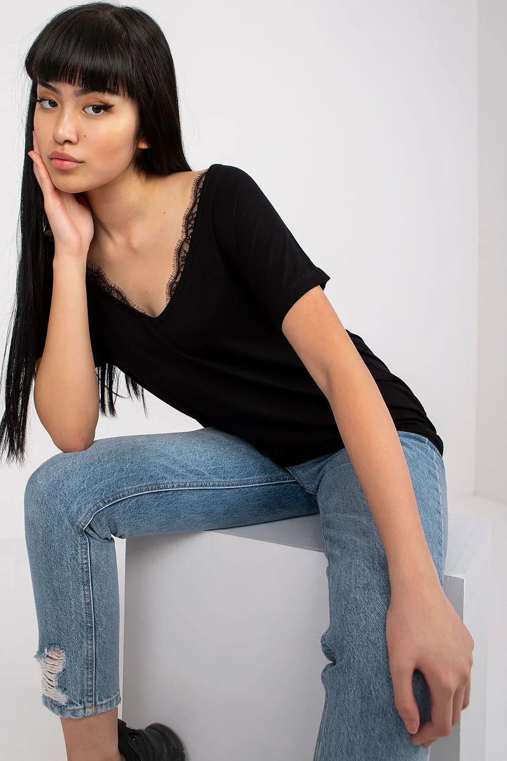 Women V-Neck Short-Sleeves T-Shirt – Stretchable - Black -Guocali