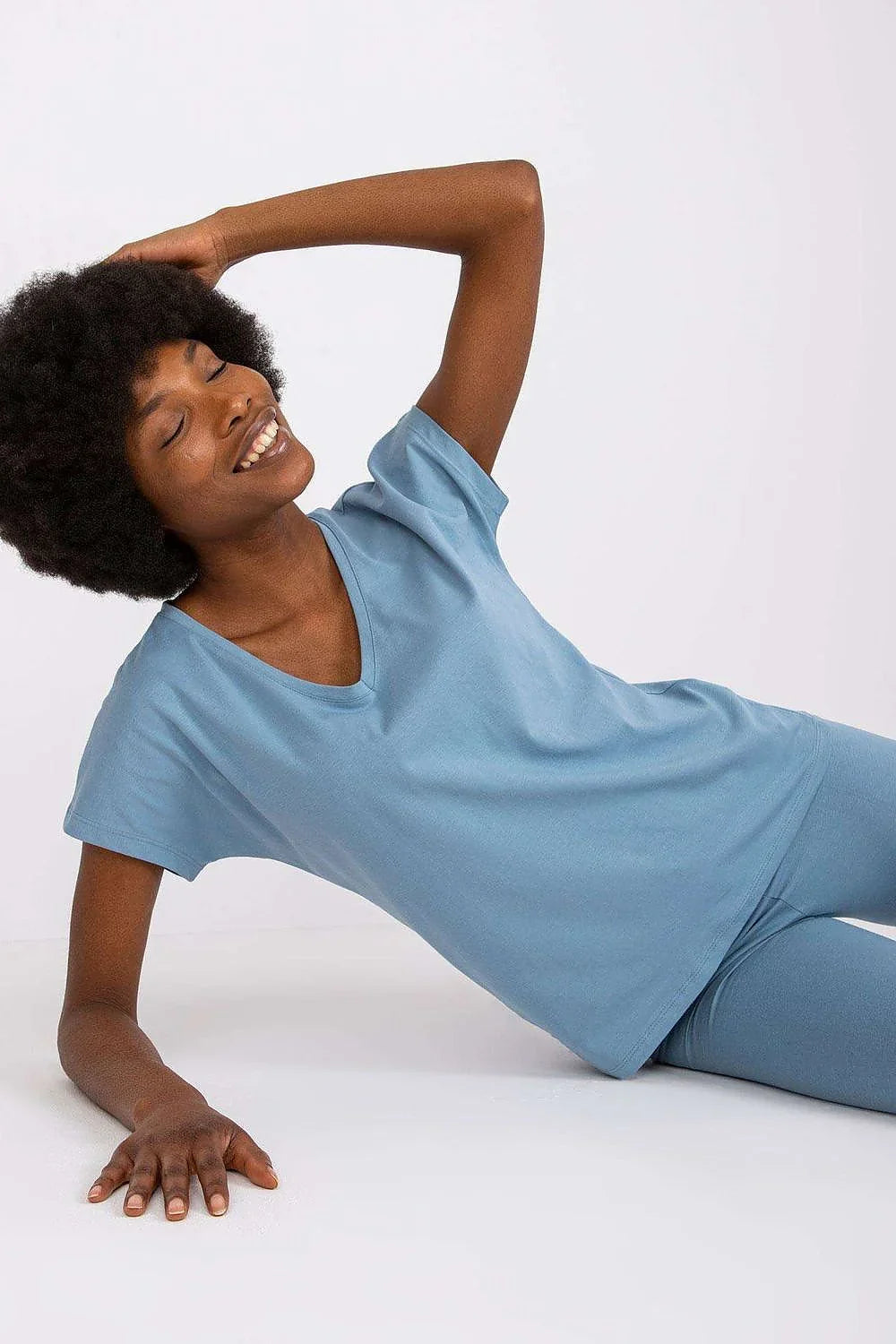 Women V-Neck Short-Sleeves T-Shirt – Stretchable - Blue -Guocali