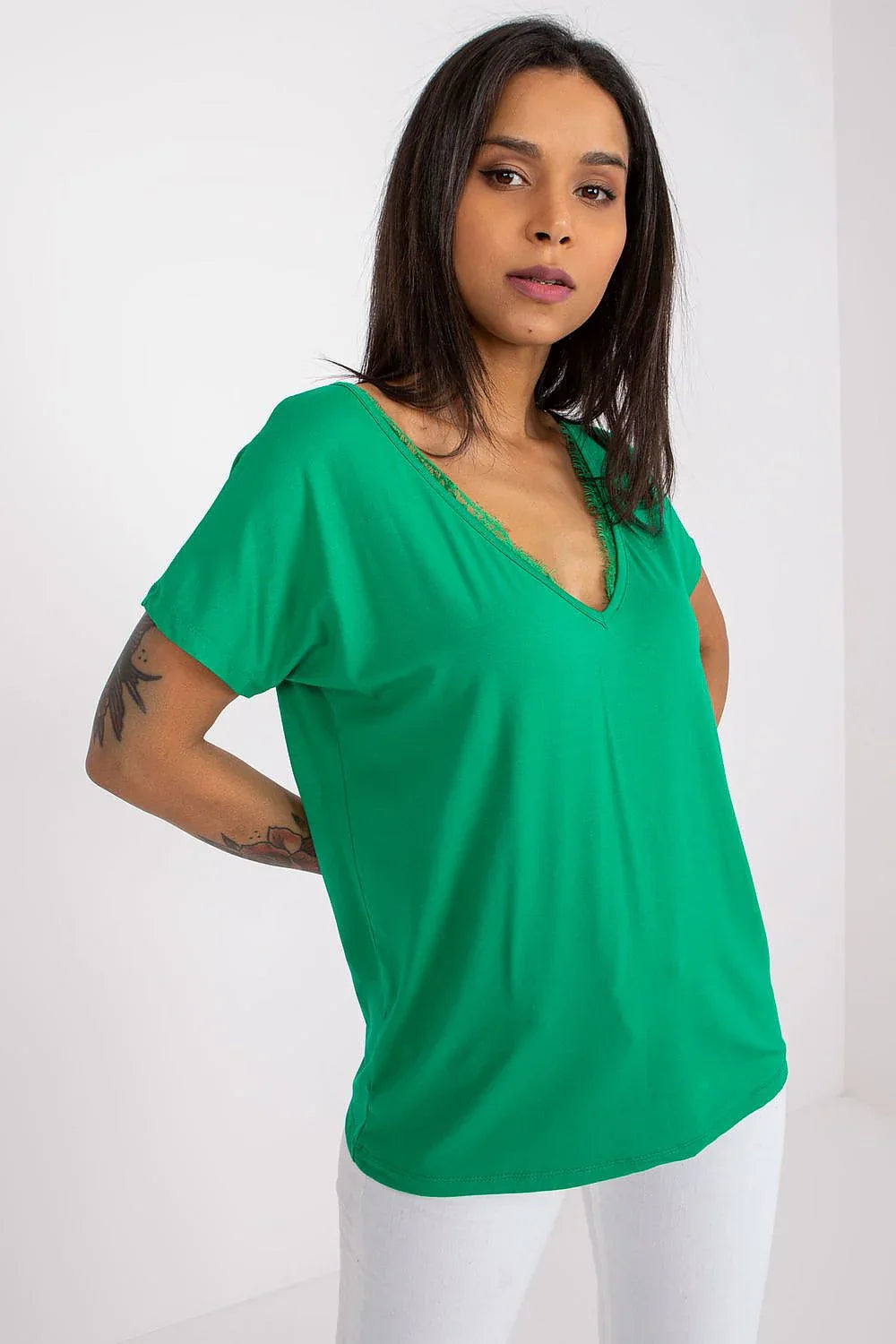 Women V-Neck Short-Sleeves T-Shirt – Stretchable - Green -Guocali