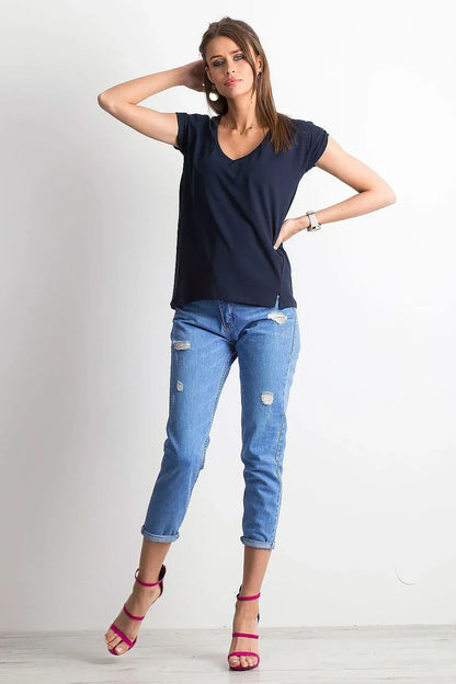 Women V-Neck Short-Sleeves T-Shirt – Stretchable - Navy -Guocali