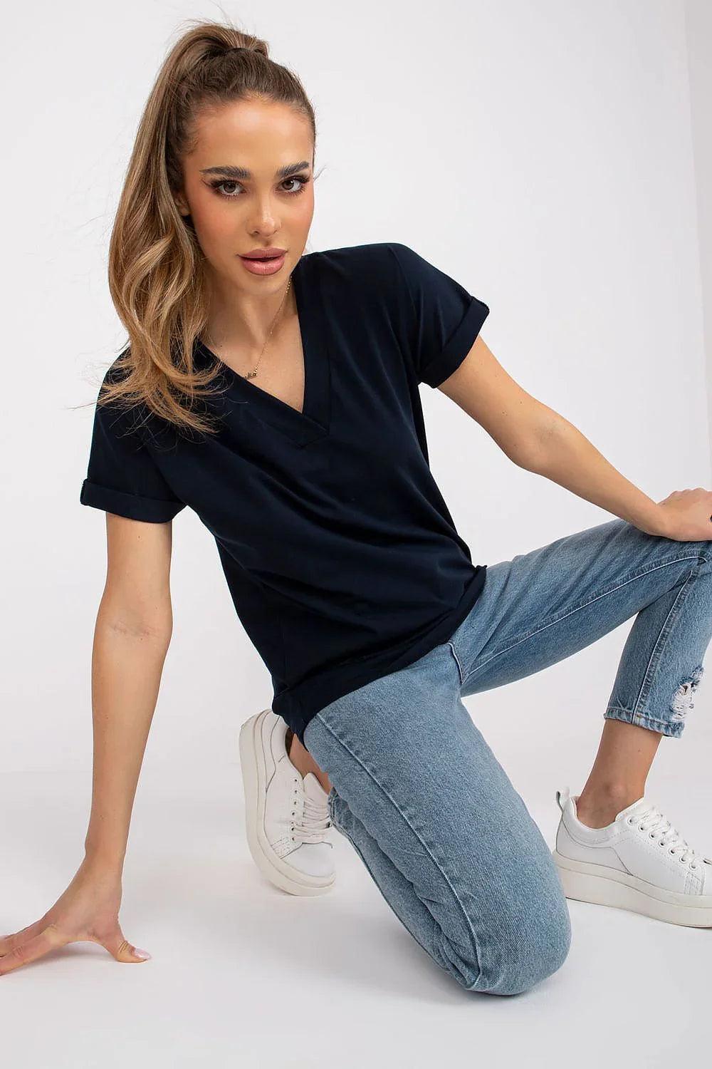 Women V-Neck Short-Sleeves T-Shirt – Stretchable - Navy -Guocali