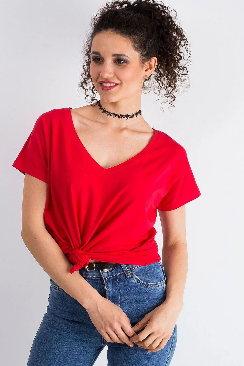 Women V-Neck Short-Sleeves T-Shirt – Stretchable - Red -Guocali