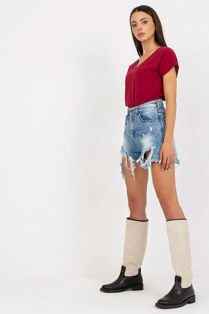 Women V-Neck Short-Sleeves T-Shirt – Stretchable - Red -Guocali