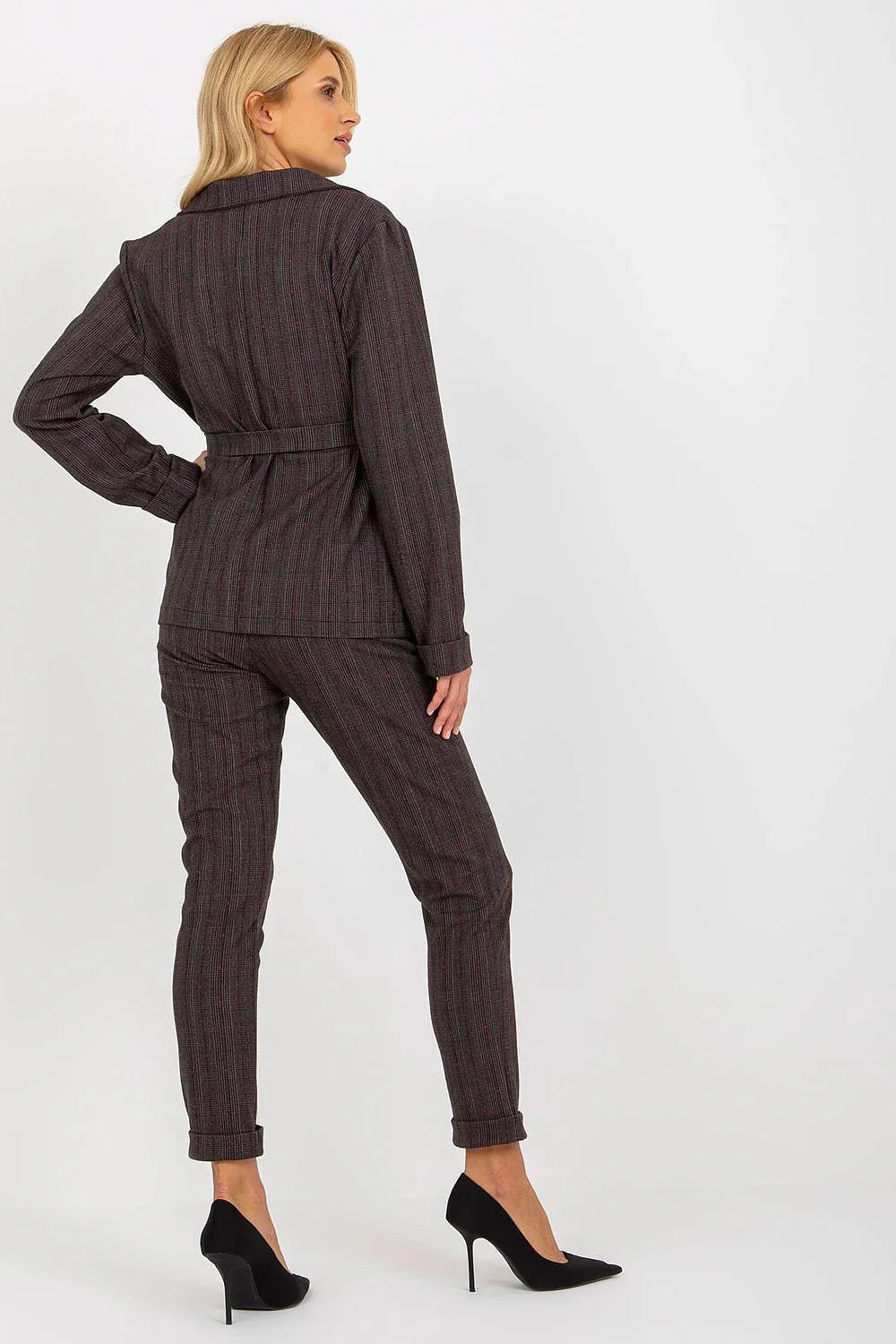 Women's Blazer - Belted Wrap Checkered Linen - Regular Fit Hip-Length - Gray – Suit Jacket | GUOCALI – view 3