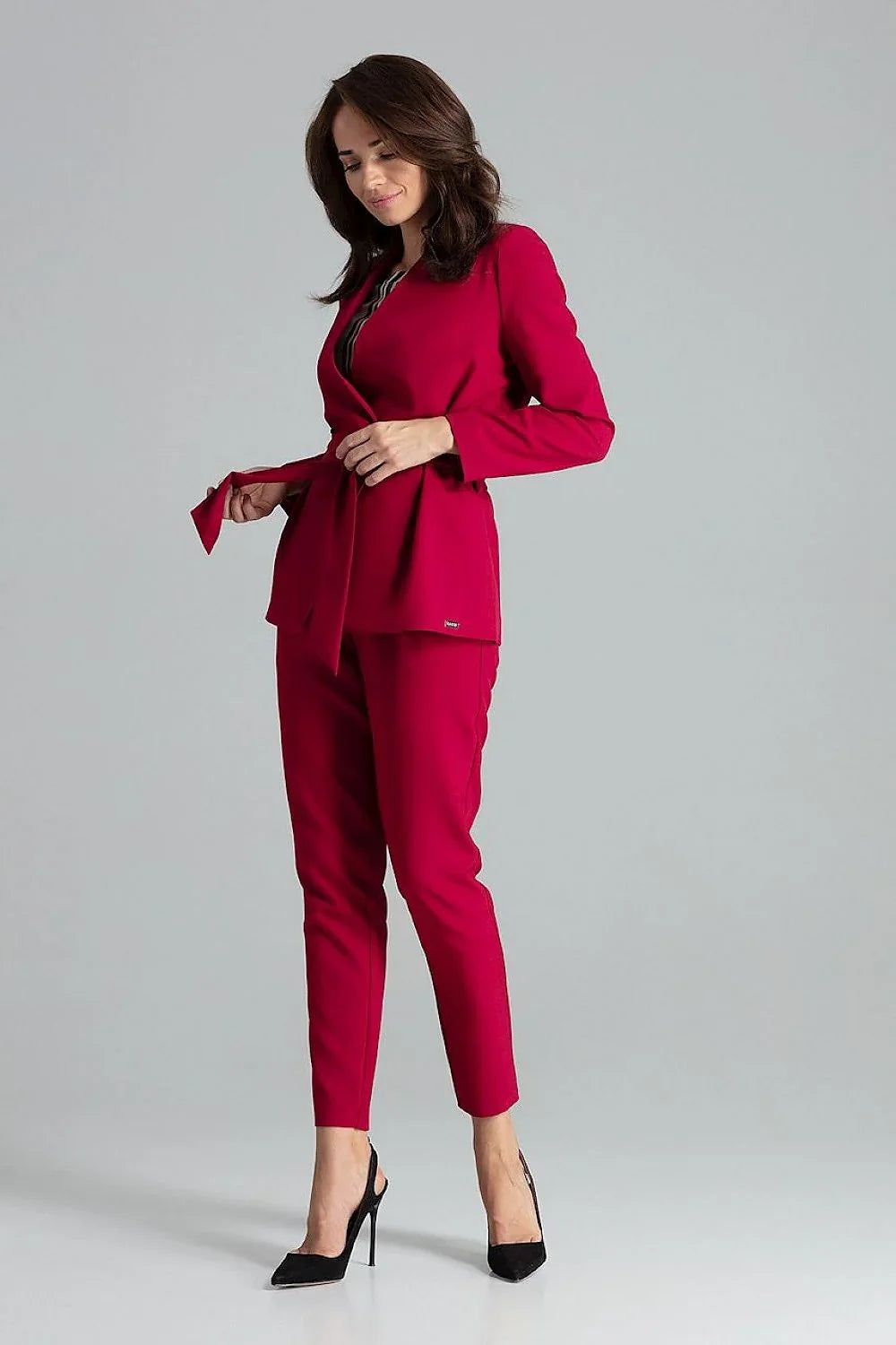Women's Blazer - Belted Wrap Solid - Regular Fit Hip-Length - Red – Suit Jacket | GUOCALI – view 4
